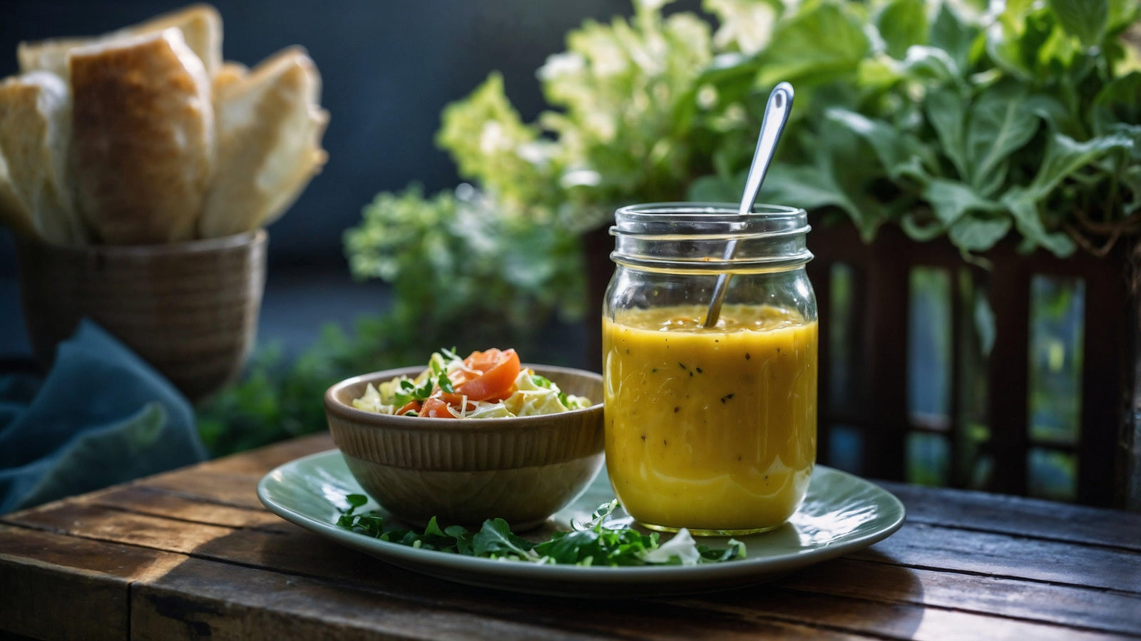 A jar of homemade golden mustard dressing with a spoon, accompanied by a fresh salad bowl, set on a rustic wooden table surrounded by greenery, showcasing a versatile condiment crafted using classic Dijon and honey mustard.