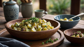 A wooden bowl filled with lemon herb potato salad, garnished with fresh herbs and surrounded by rustic tableware, highlighting a refreshing take on a classic South African braai side dish.