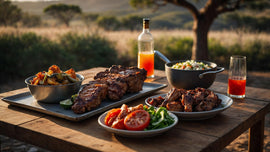 An outdoor spread of South African braai dishes featuring grilled meat, roasted vegetables, a vibrant tomato salad, and a bowl of traditional South African salad.