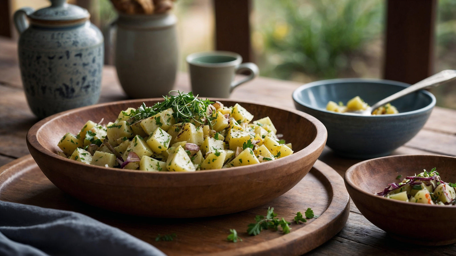 A wooden bowl filled with lemon herb potato salad, garnished with fresh herbs and surrounded by rustic tableware, highlighting a refreshing take on a classic South African braai side dish.